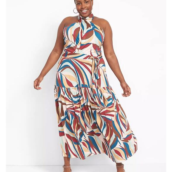 Lane Bryant NWT Multicolor Print Cross Front Halter Tiered Backless Maxi Dress - Picture 1 of 15